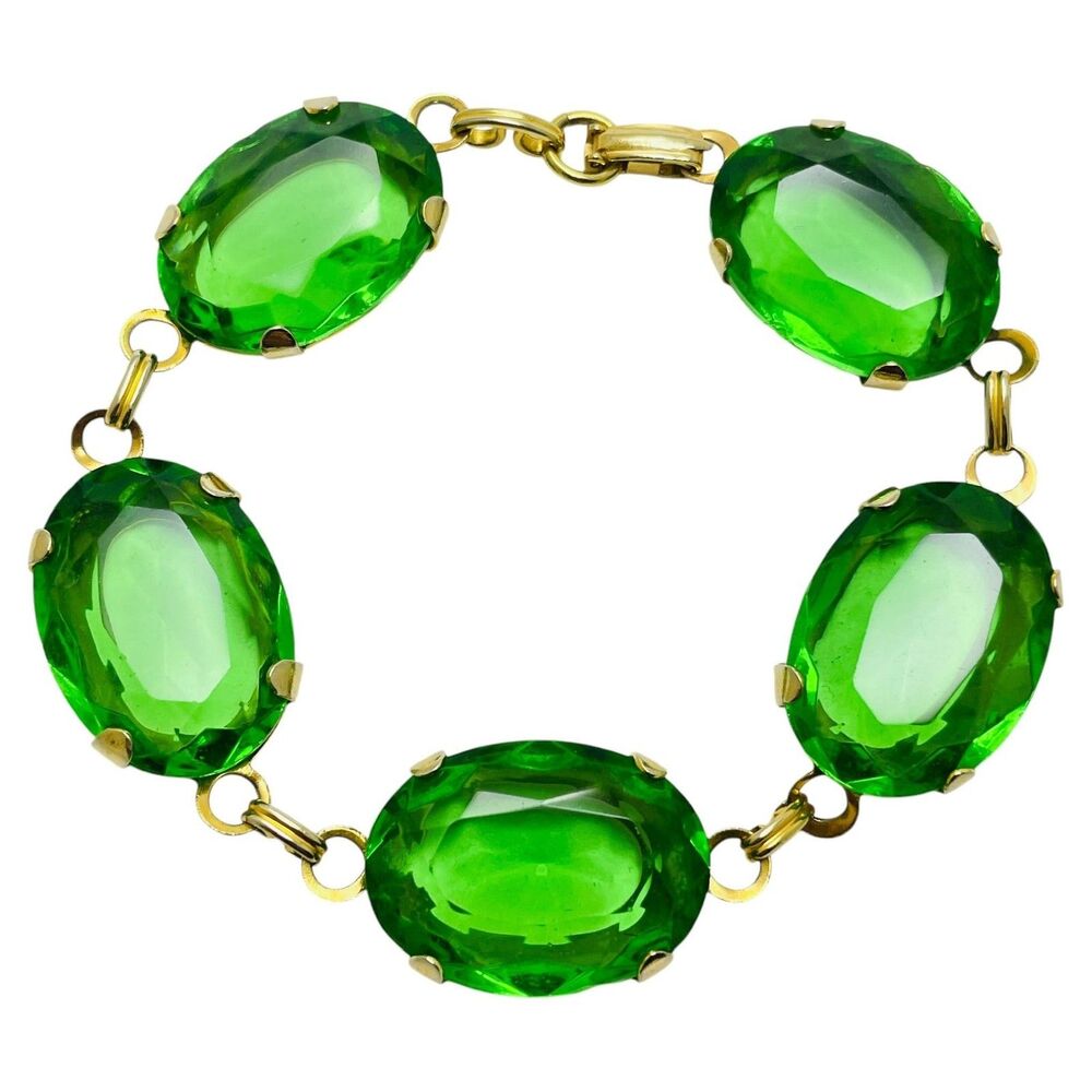 Vintage gold plated green glass link designer bracelet